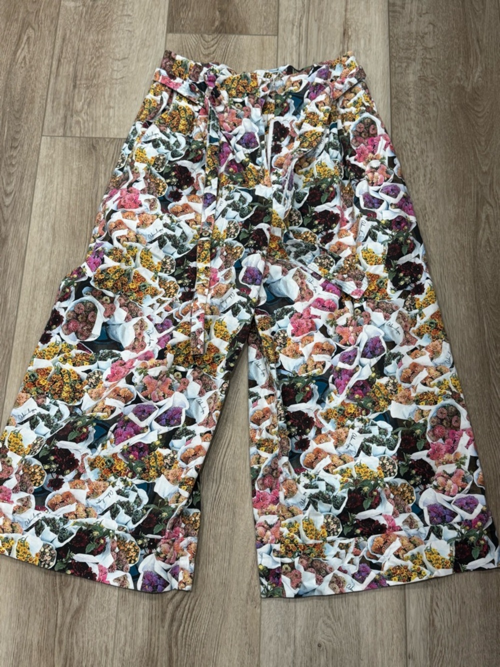 Adam Lippes Bouquet Tie Waist Wide Leg Pants Floral High-Waist Crop Multicolor - Picture 4 of 5